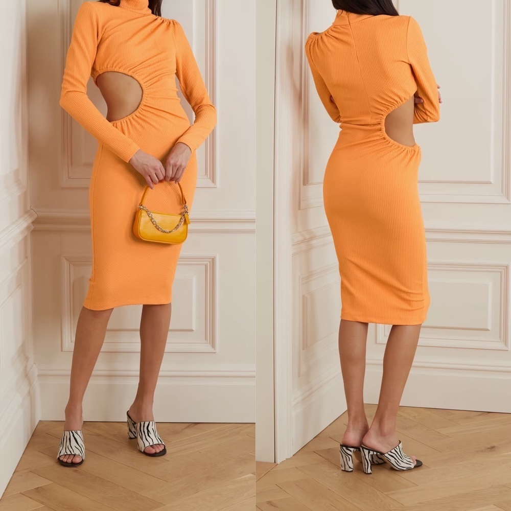 NEW‎ Rotate Birger Christensen Alice Dress Mock Orange Cutout Midi Long Sleeve 6